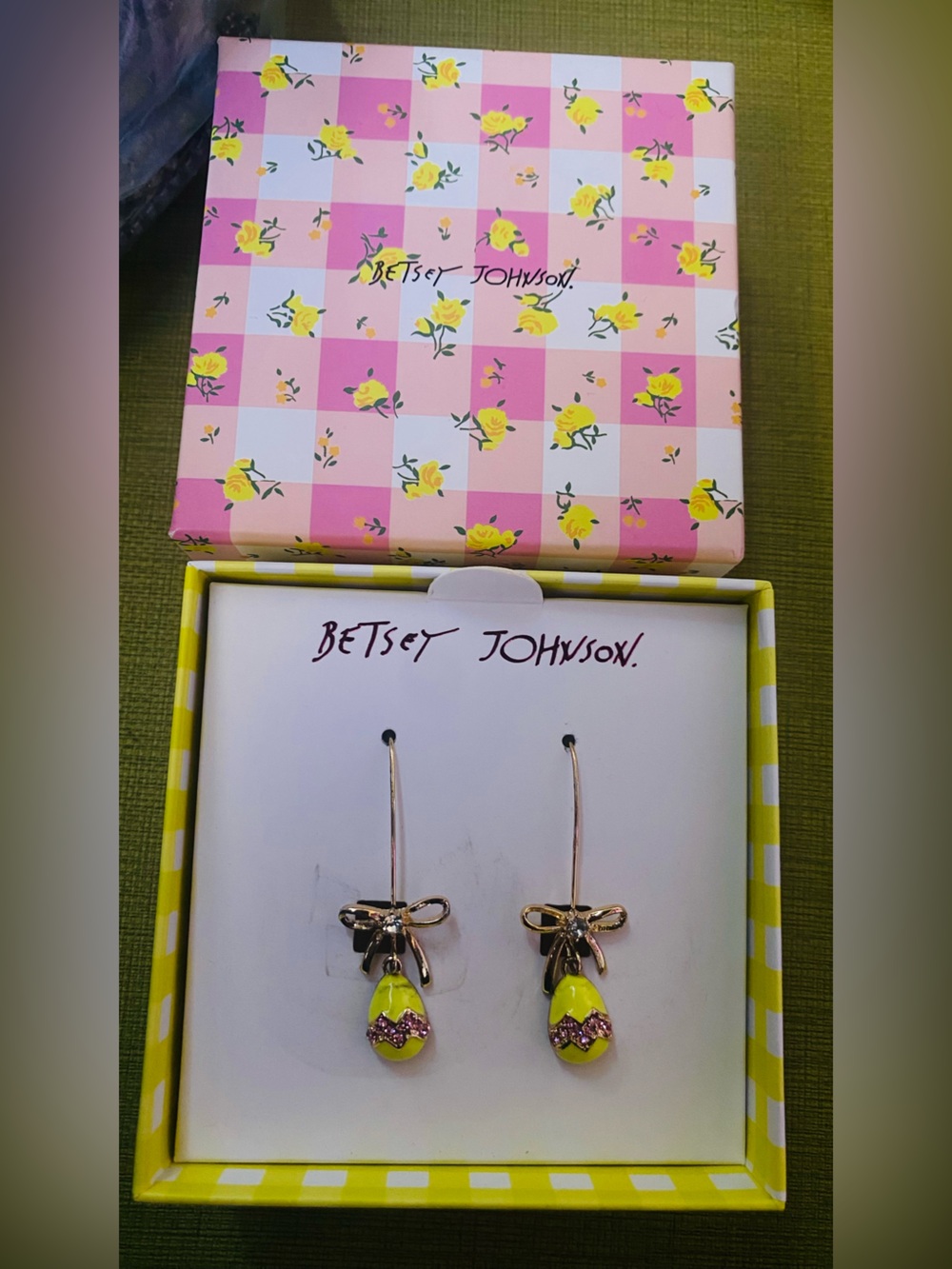 Betsey Johnson Yellow and Pink Easter Egg & Bow Dangle Earrings